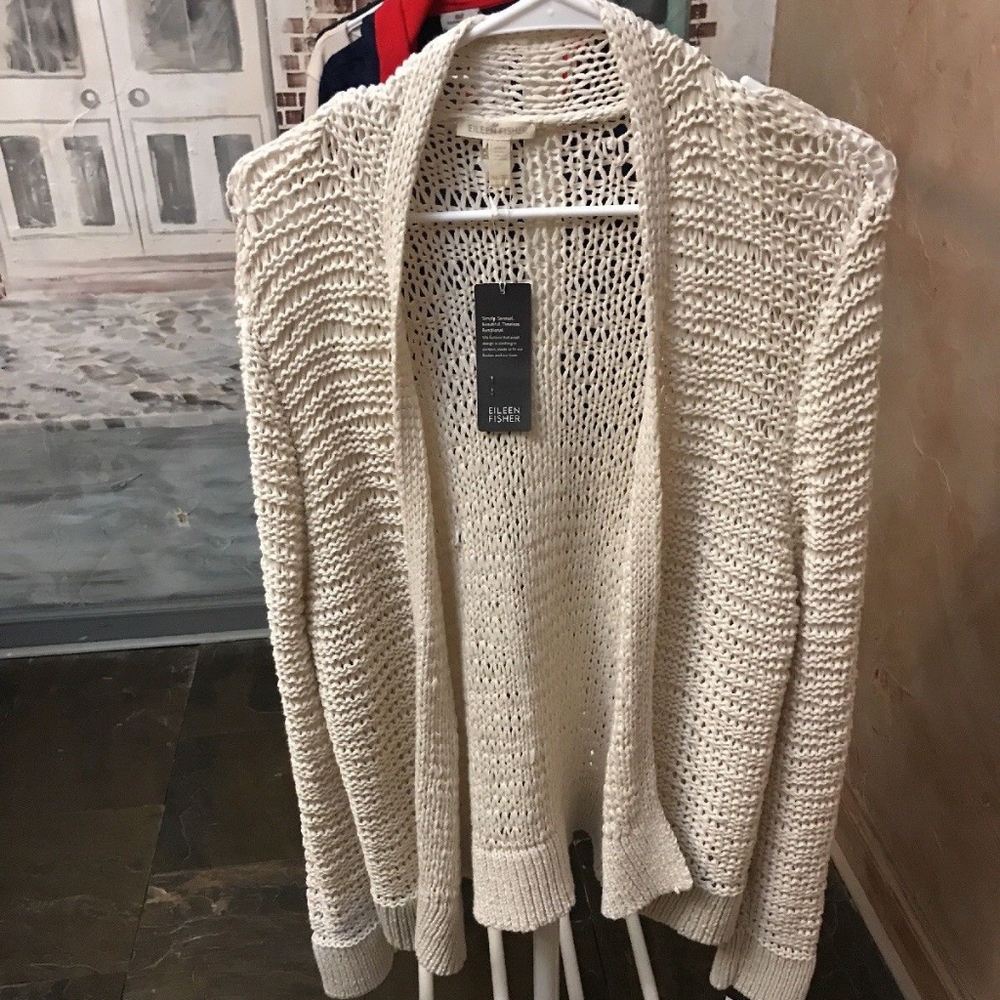 EILEEN FISHER White Cotton Straight Cardigan